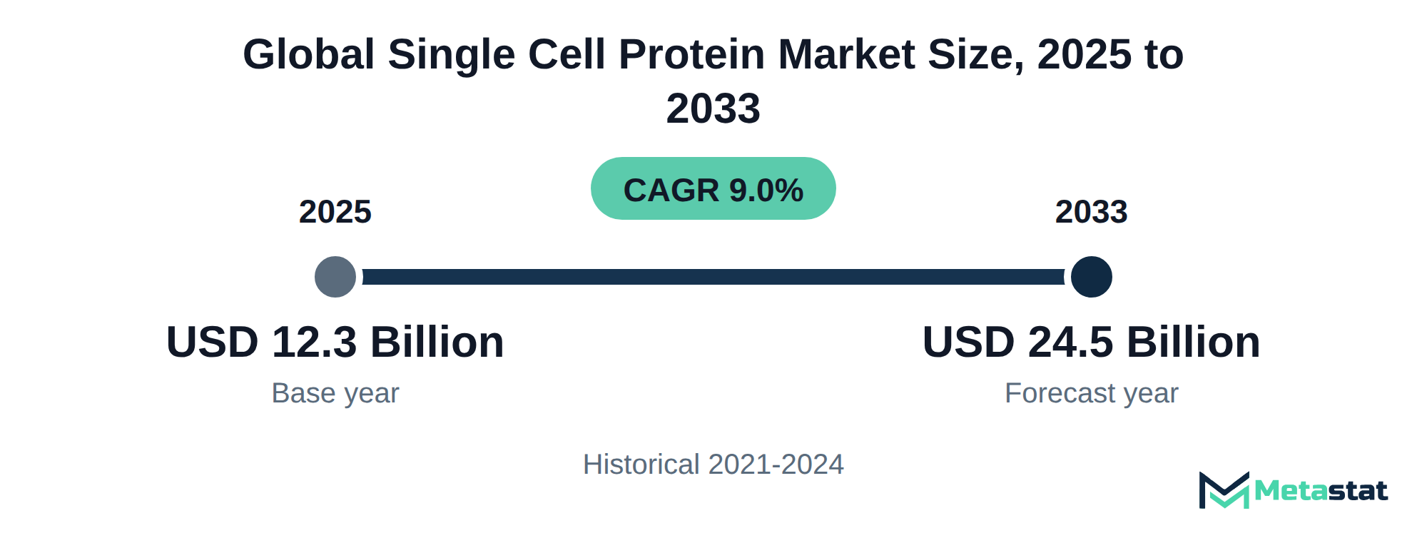 Summary chart of Single Cell Protein market size, USD 12.3 billion in 2025 to USD 24.5 billion in 2033, growing at 9.0% a year