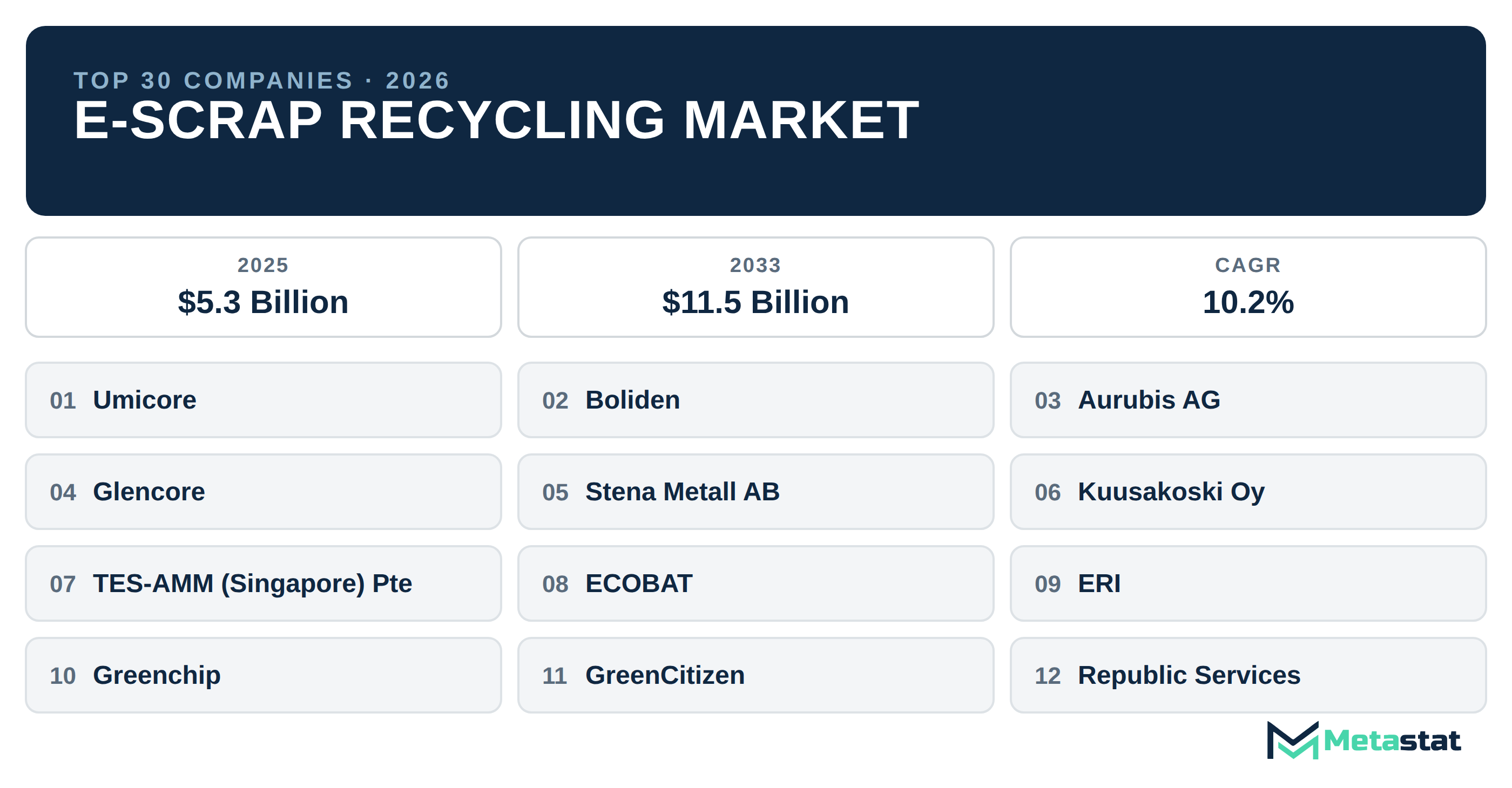 Top 30 Companies Global E-Scrap Recycling Market in (2025-2033): Metastat Insights Analysis
