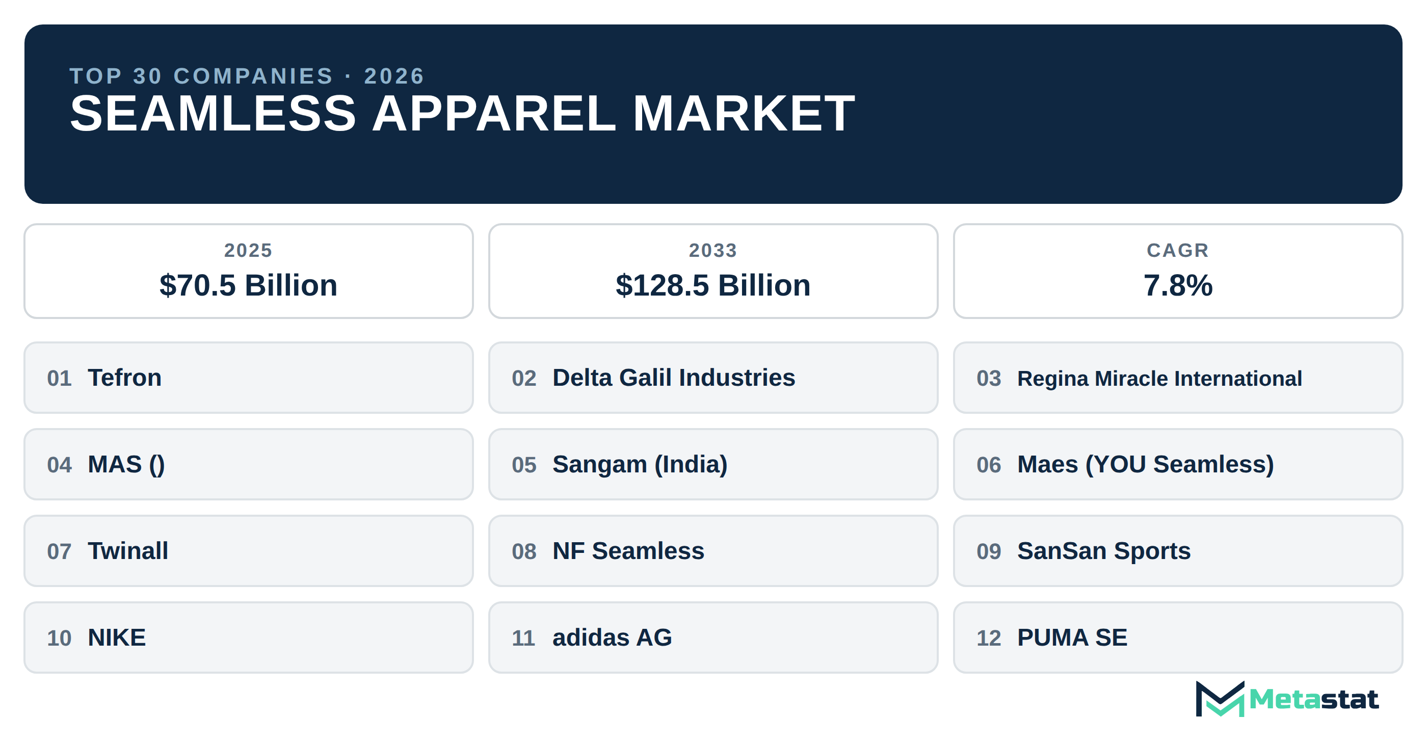 Top 30 Companies Global Seamless Apparel Market in (2025-2033): Metastat Insights Analysis