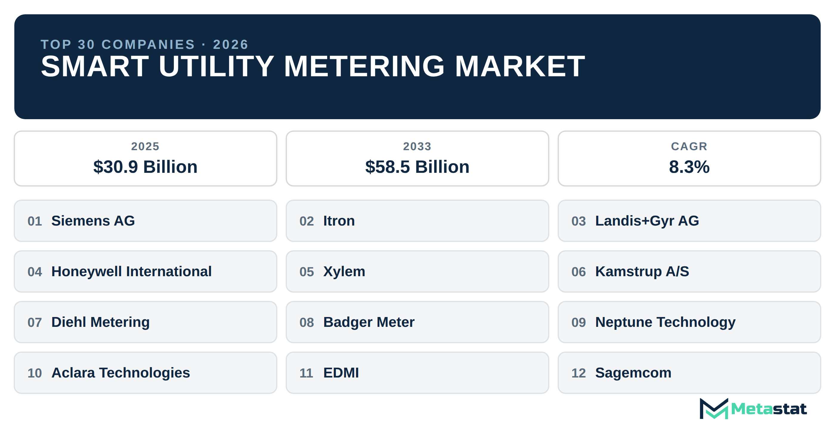 Top 30 Companies Global Smart Utility Metering Market in (2025-2033): Metastat Insights Analysis